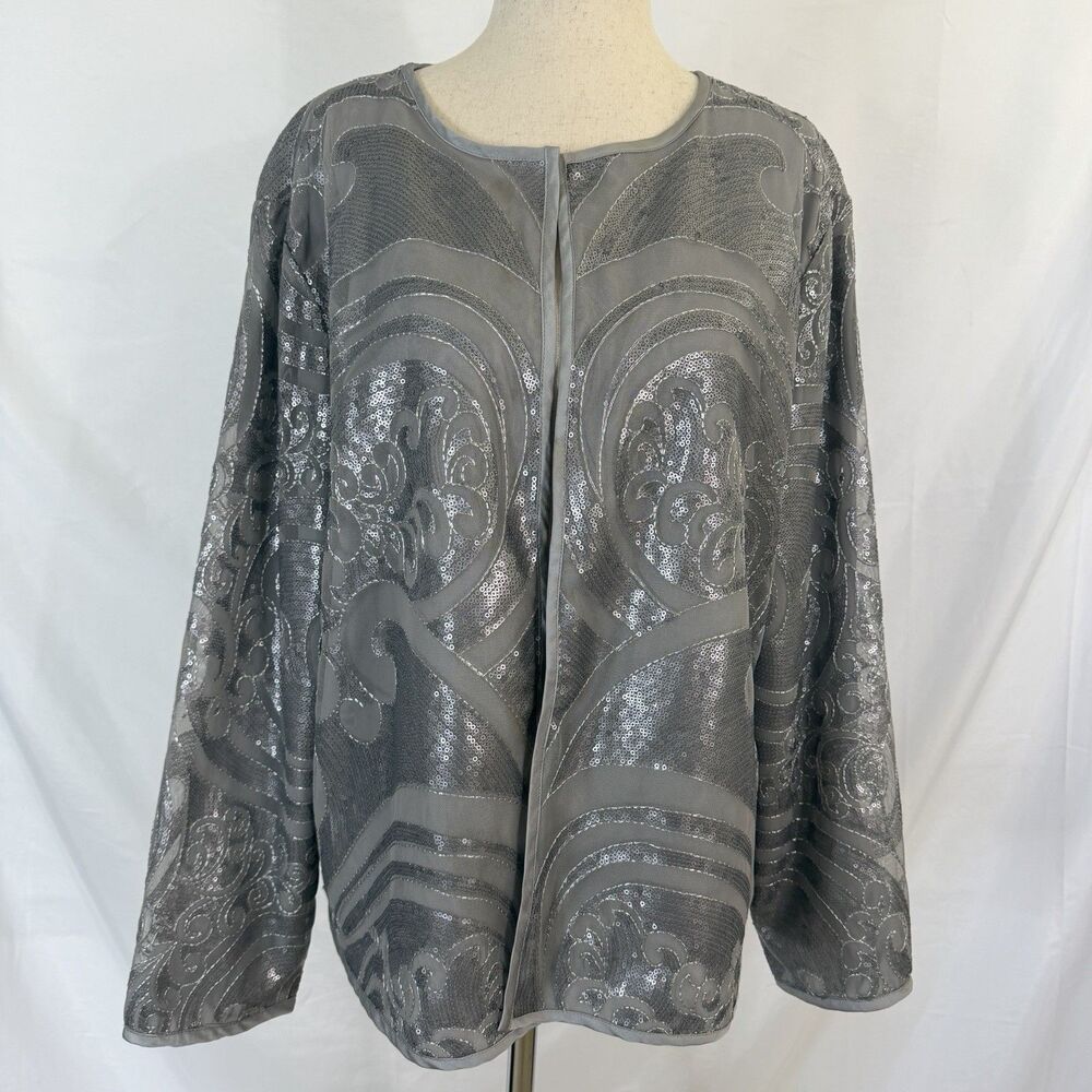 Travelers Collection By Chico’s Silver Sequined Open Front Dress Jacket Sz 3 XL